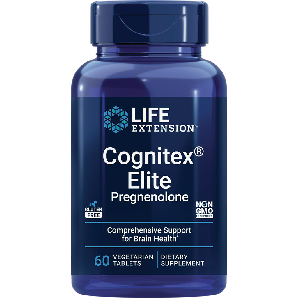 LE568 | Blue Life Extension bottle labeled Cognitex Elite Pregnenolone, 60 vegetarian tablets dietary supplement - Thumbnail