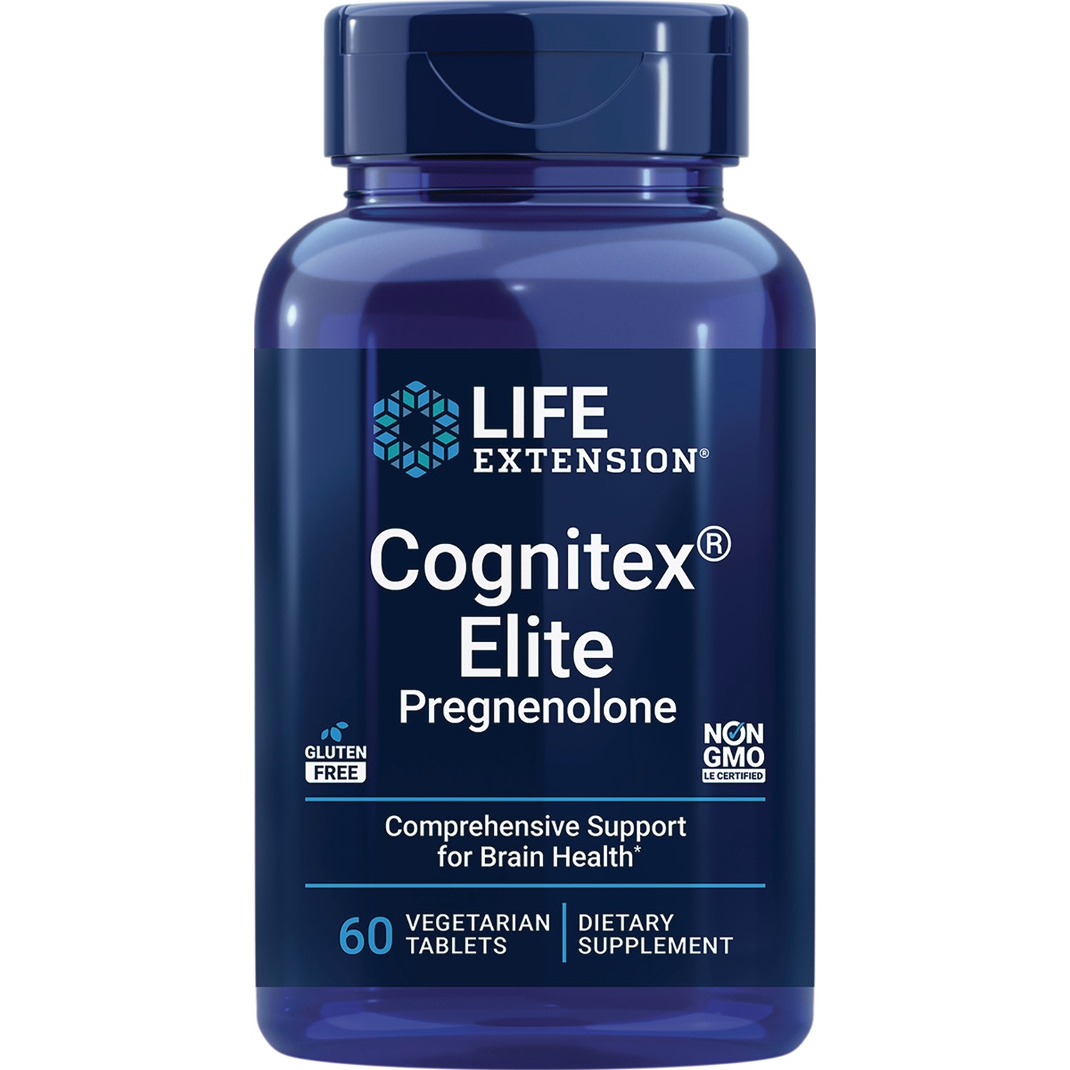 LE568 | Blue Life Extension bottle labeled Cognitex Elite Pregnenolone, 60 vegetarian tablets dietary supplement