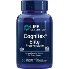 LE568 | Blue Life Extension bottle labeled Cognitex Elite Pregnenolone, 60 vegetarian tablets dietary supplement