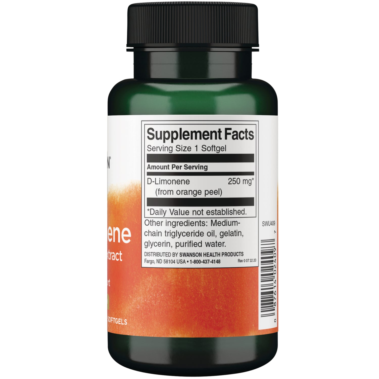 SWU409 | Back label with Supplement Facts: DLimonene 250 mg from orange peel, ingredients list, and barcode
