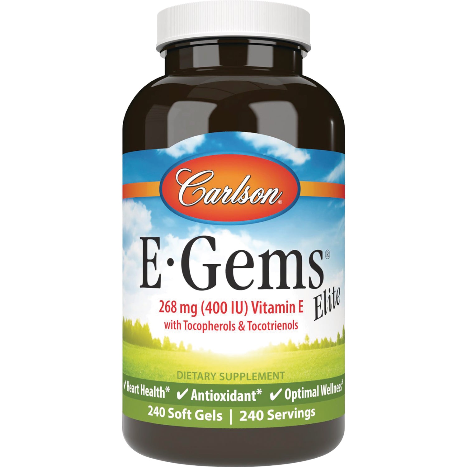 CSN197 | Carlson E-Gems 268 mg (400 IU) Vitamin E soft gels bottle front label, 240 soft gels