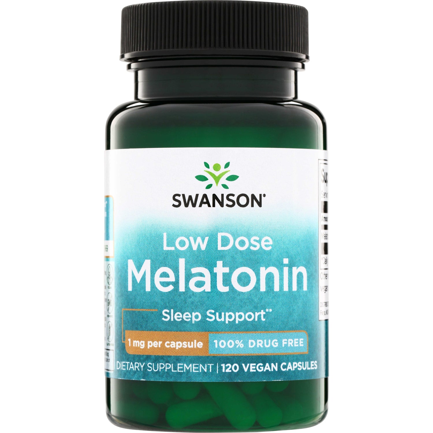 SW542 | Swanson Low Dose Melatonin bottle front, 1 mg per capsule, 120 vegan capsules, Sleep Support, 100% drug free
