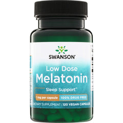 SW542 | Swanson Low Dose Melatonin bottle front, 1 mg per capsule, 120 vegan capsules, Sleep Support, 100% drug free