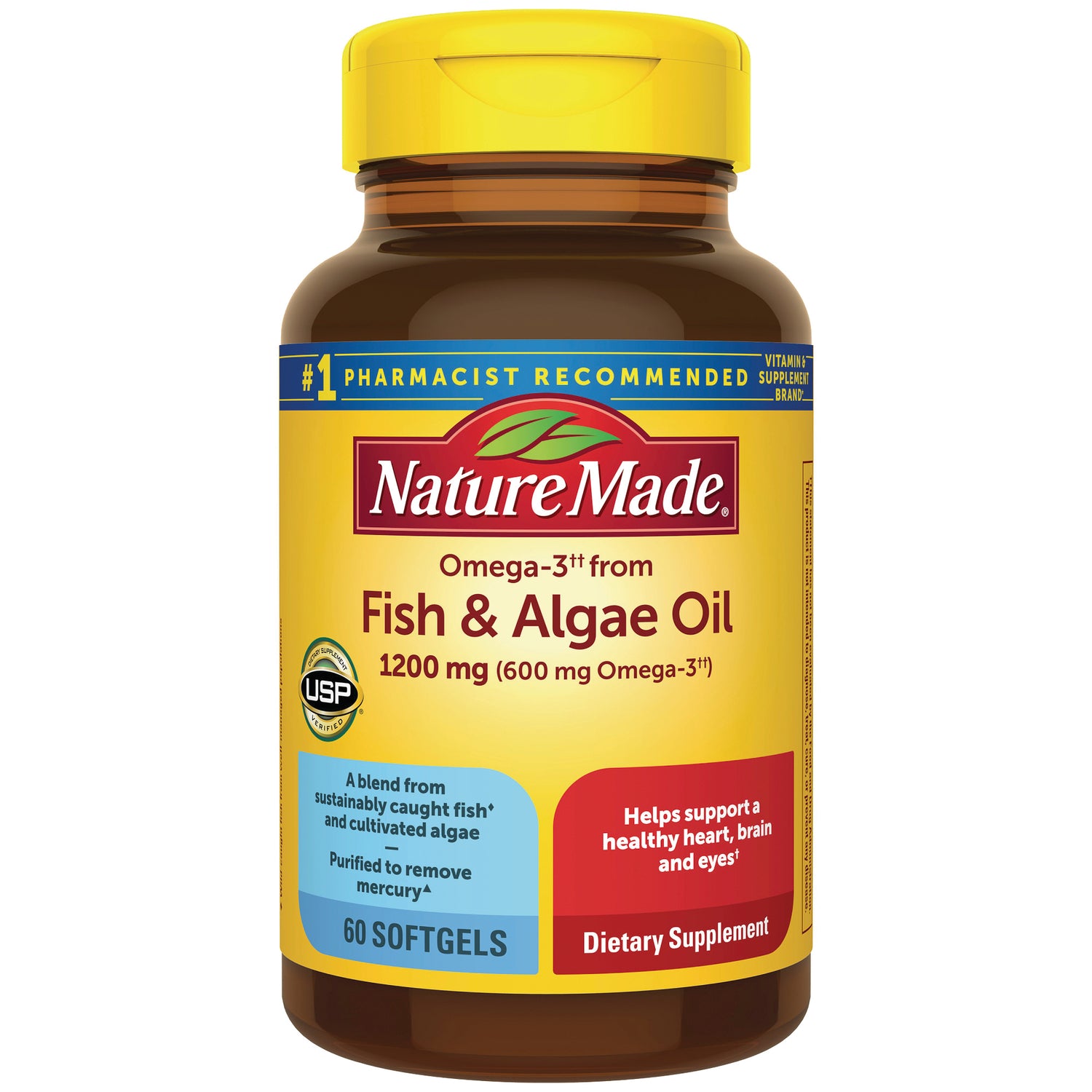 NTM185 | Nature Made Fish & Algae Oil 1200 mg bottle, 60 softgels, yellow label on brown plastic bottle