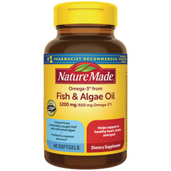 NTM185 | Nature Made Fish & Algae Oil 1200 mg bottle, 60 softgels, yellow label on brown plastic bottle