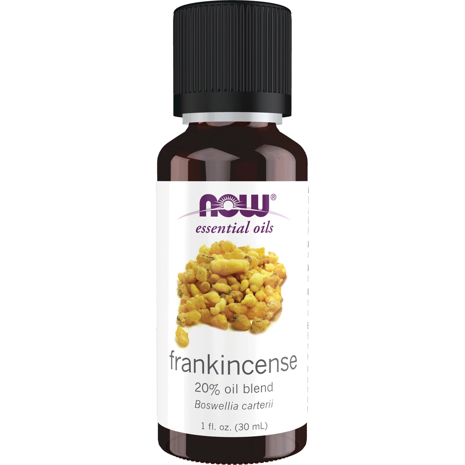 NWF605 | NOW essential oils frankincense 20% oil blend 1 fl oz bottle with amber glass and black cap