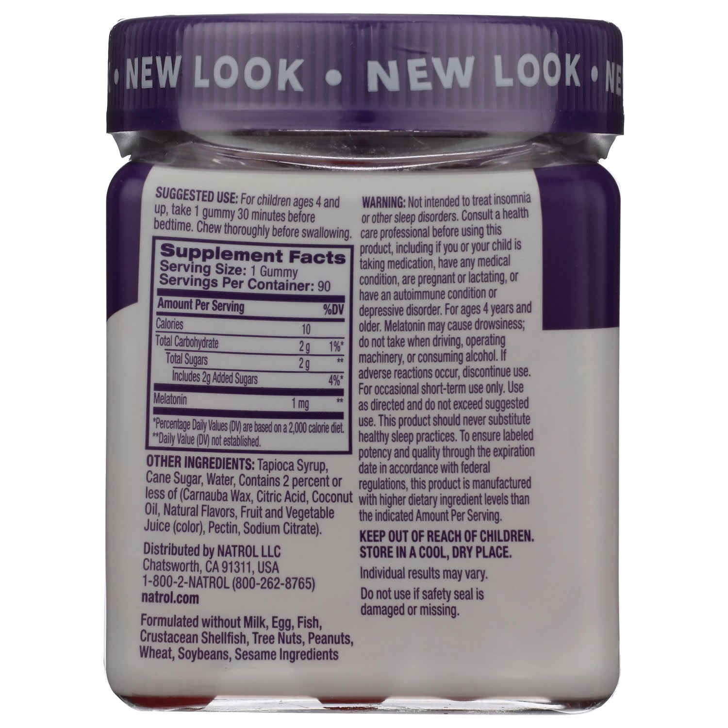 NA617 | back label with Supplement Facts, ingredients, warnings and suggested use on purple-capped gummy bottle