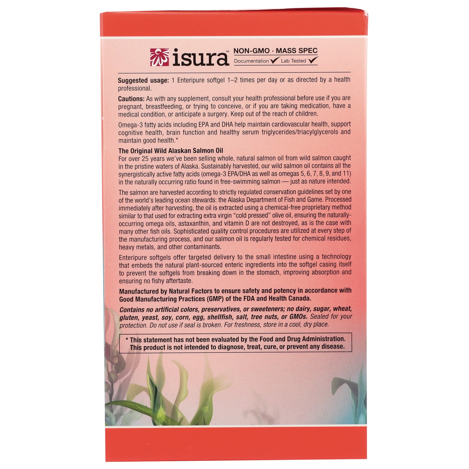 NFC162 | Back of isura salmon oil box showing suggested usage, cautions, manufacturing details and FDA disclaimer