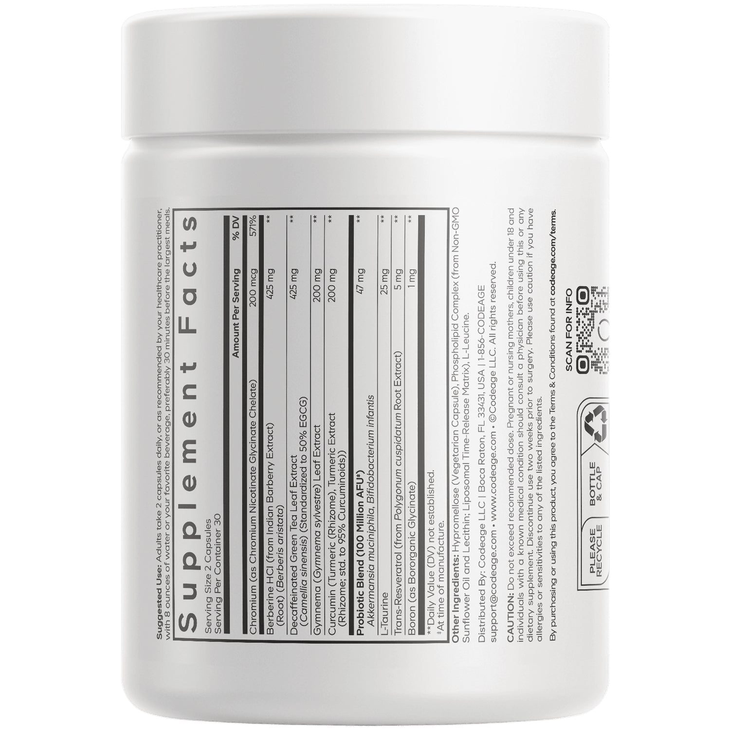 CDG002 | back of white supplement bottle showing Supplement Facts panel and QR code