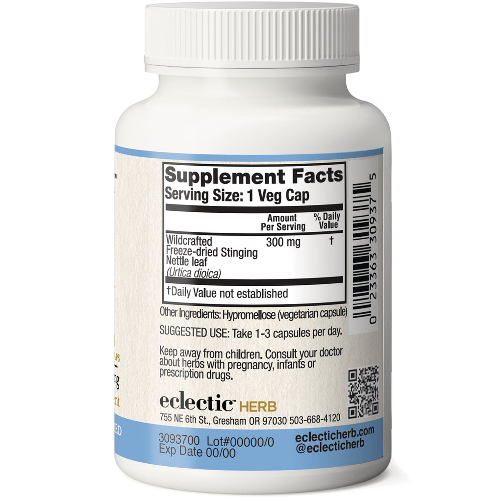EC001 | bottle back showing Supplement Facts label with Serving Size: 1 Veg Cap and Freeze-dried Stinging Nettle 300 mg - Thumbnail