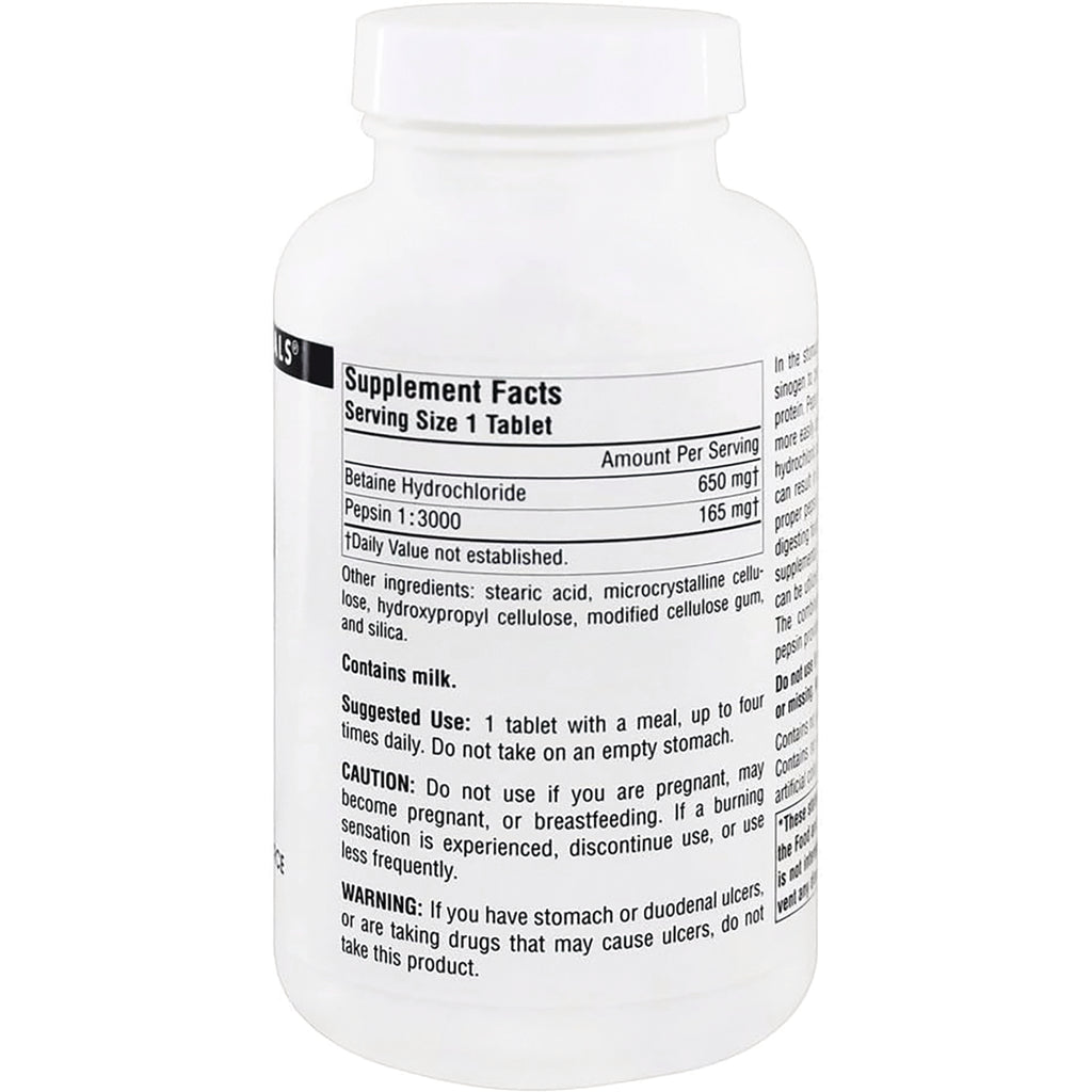 SN174 | Back label with Supplement Facts for betaine hydrochloride and pepsin, serving size 1 tablet - Thumbnail