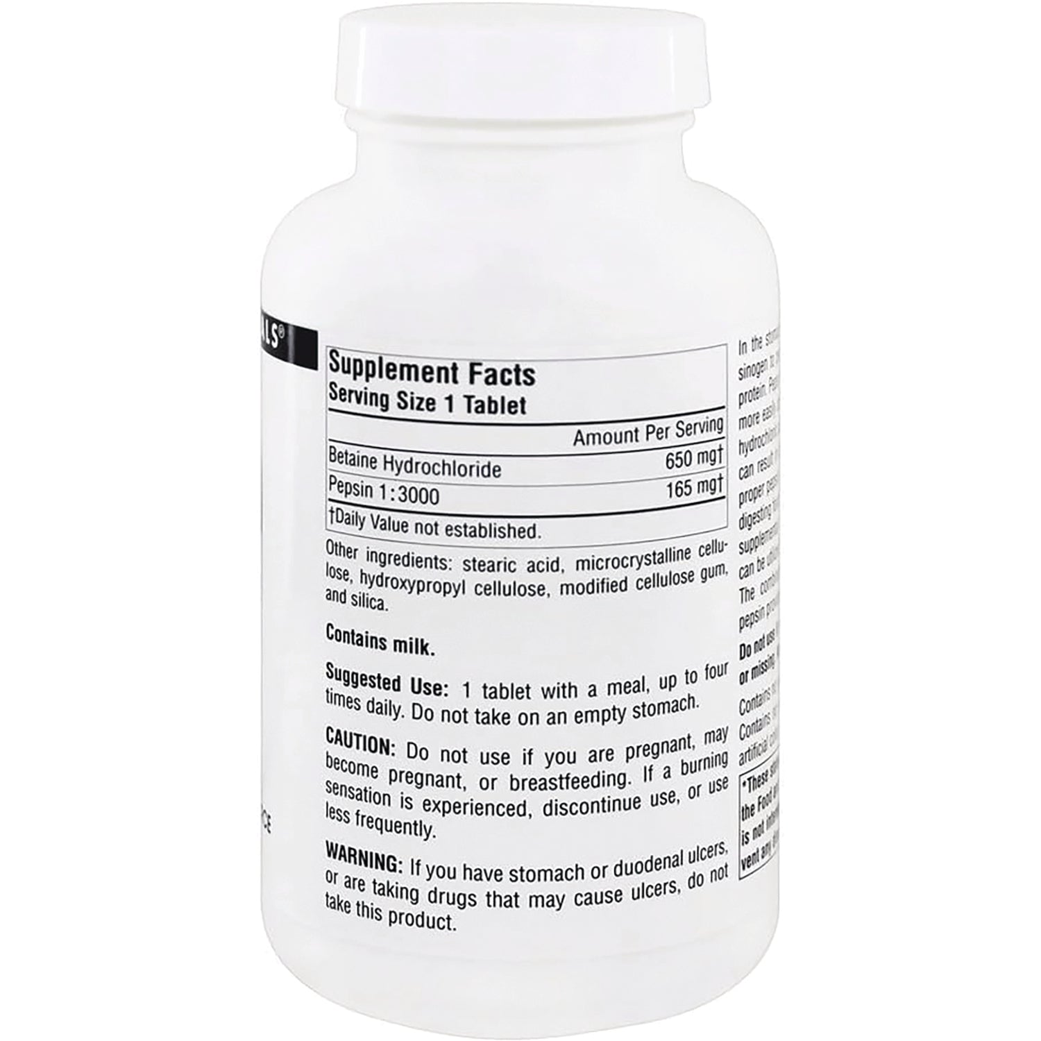 SN174 | Back label with Supplement Facts for betaine hydrochloride and pepsin, serving size 1 tablet
