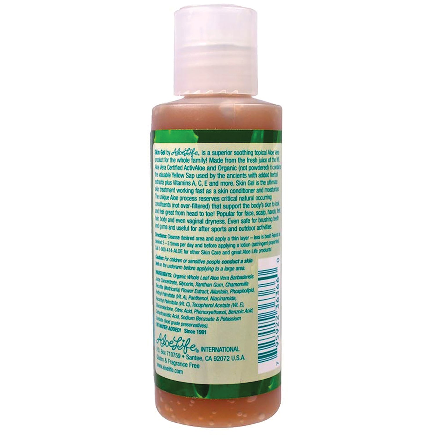 ALI008 | AloeLife Skin Gel bottle back label with directions, ingredients, and barcode
