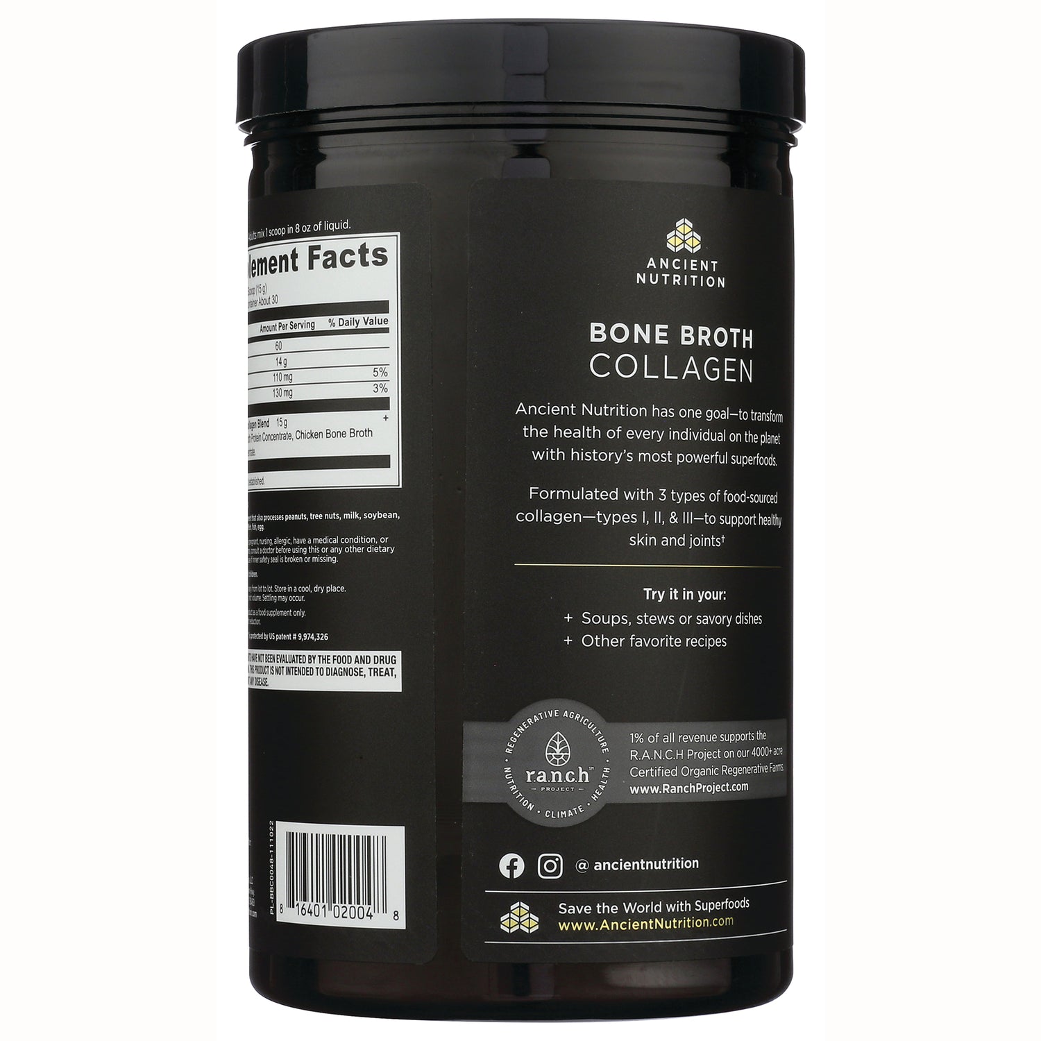 ATN014 | Back label of Ancient Nutrition Bone Broth Collagen jar showing nutrition facts, product description and usage suggestions
