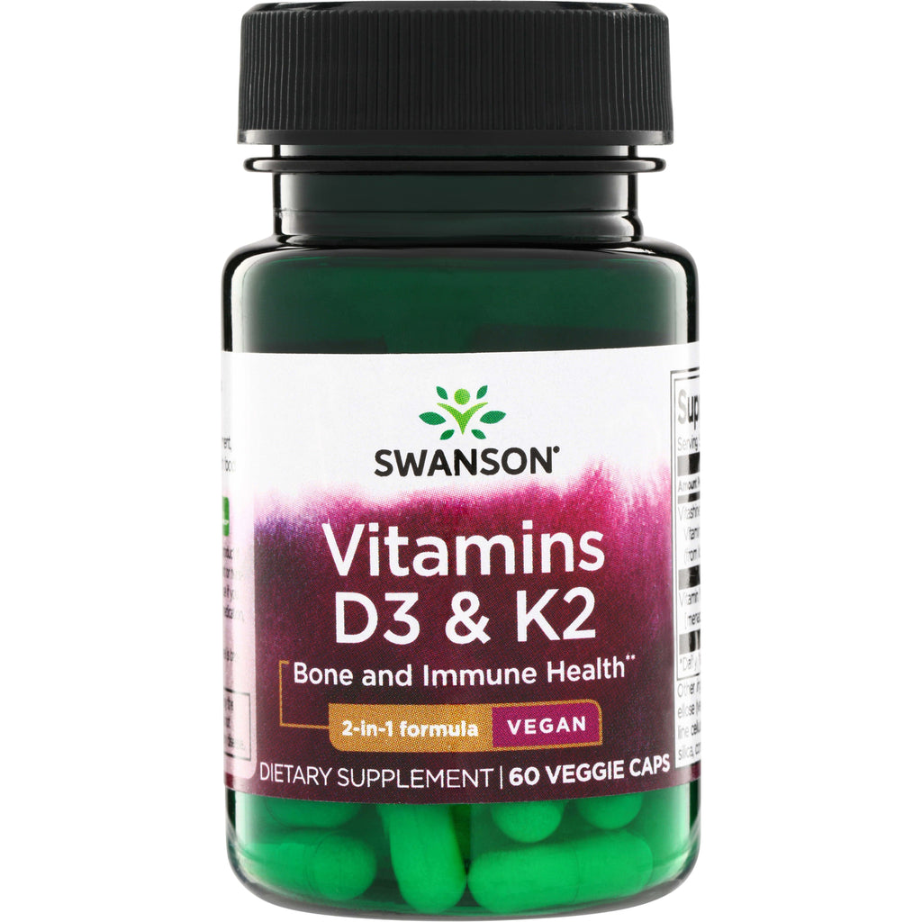 SW1809 | Swanson Vitamins D3 & K2, bone and immune health, 60 veggie caps, 2-in-1 formula, Vegan - Thumbnail