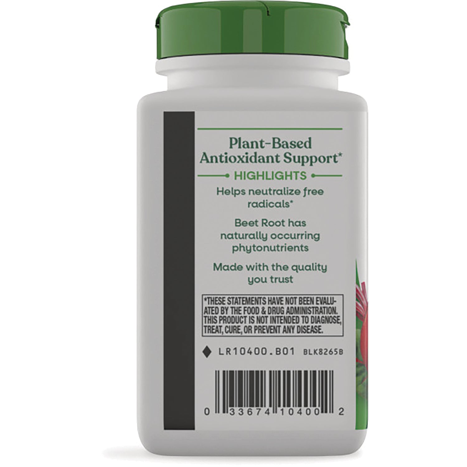 NW113 | back label of white supplement bottle reading Plant-Based Antioxidant Support highlights with barcode