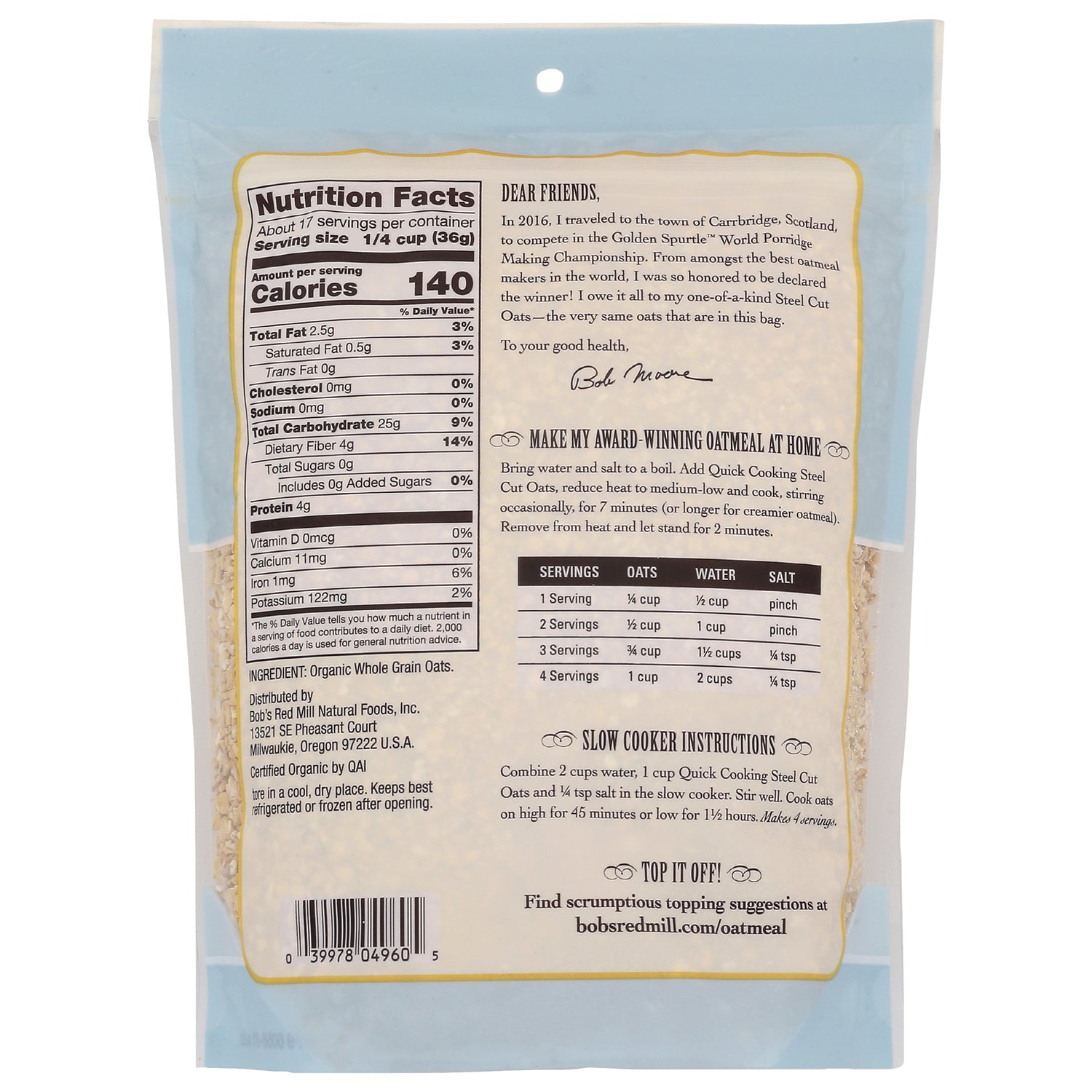 BOB315 | Back of oatmeal bag showing Nutrition Facts panel, ingredient list, and cooking and slow cooker instructions
