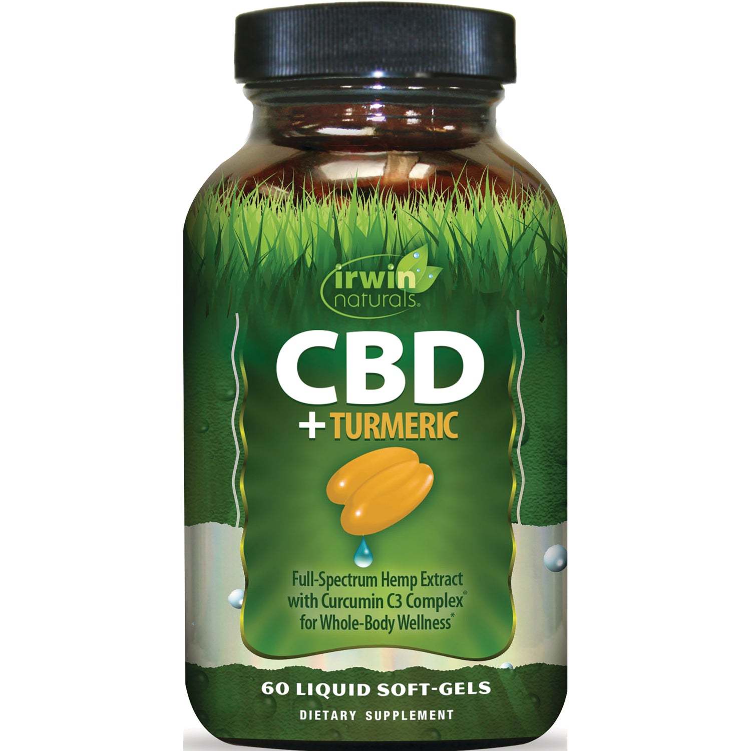 Irwin Naturals CBD + Turmeric bottle front label showing 60 liquid soft-gels
