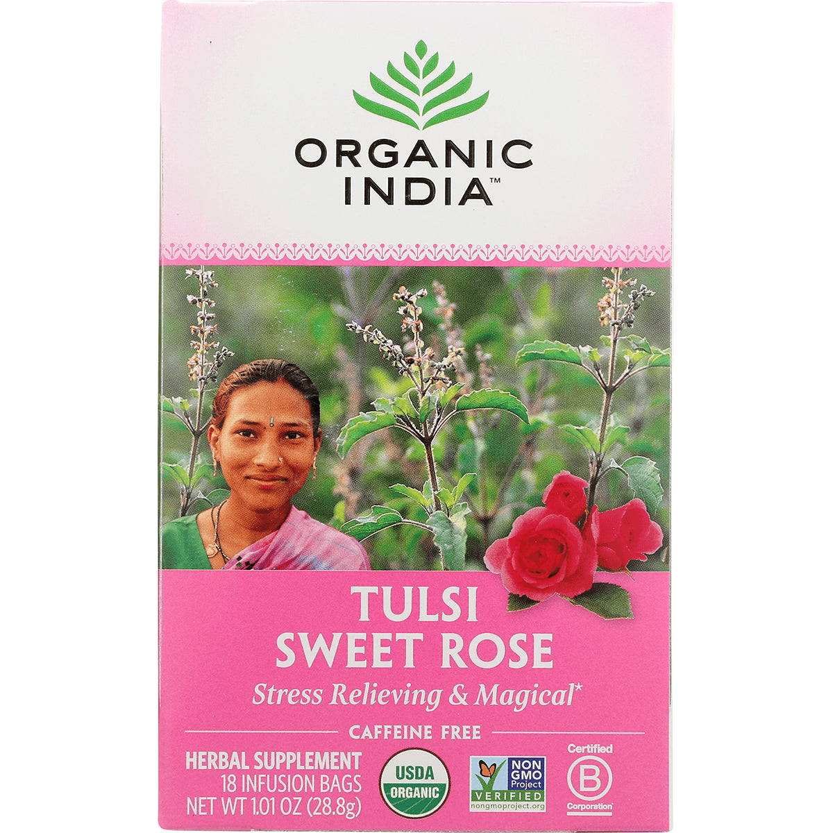 RGN003 | Organic India Tulsi Sweet Rose herbal tea box showing woman, tulsi plants, roses and USDA Organic label