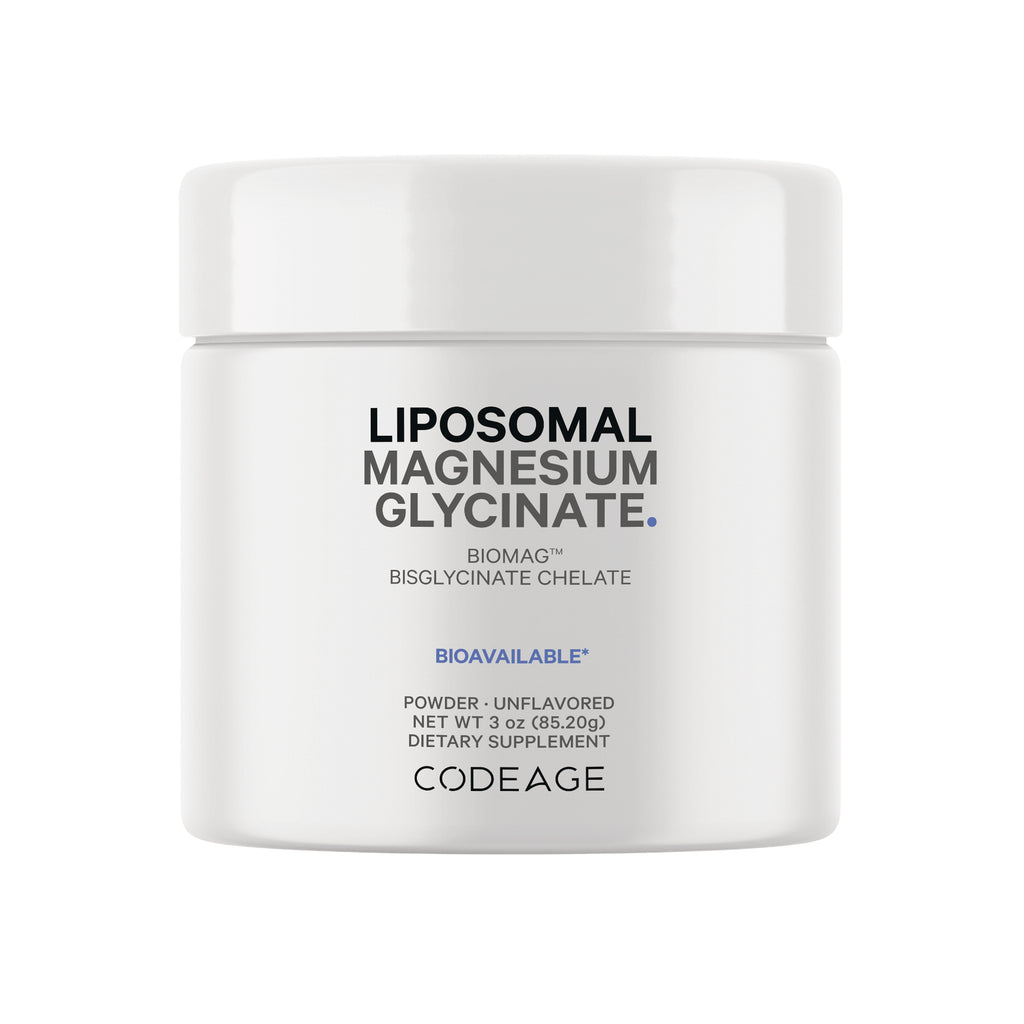 CDG033 | White jar labeled LIPOSOMAL MAGNESIUM GLYCINATE powder supplement by CODEAGE - Thumbnail