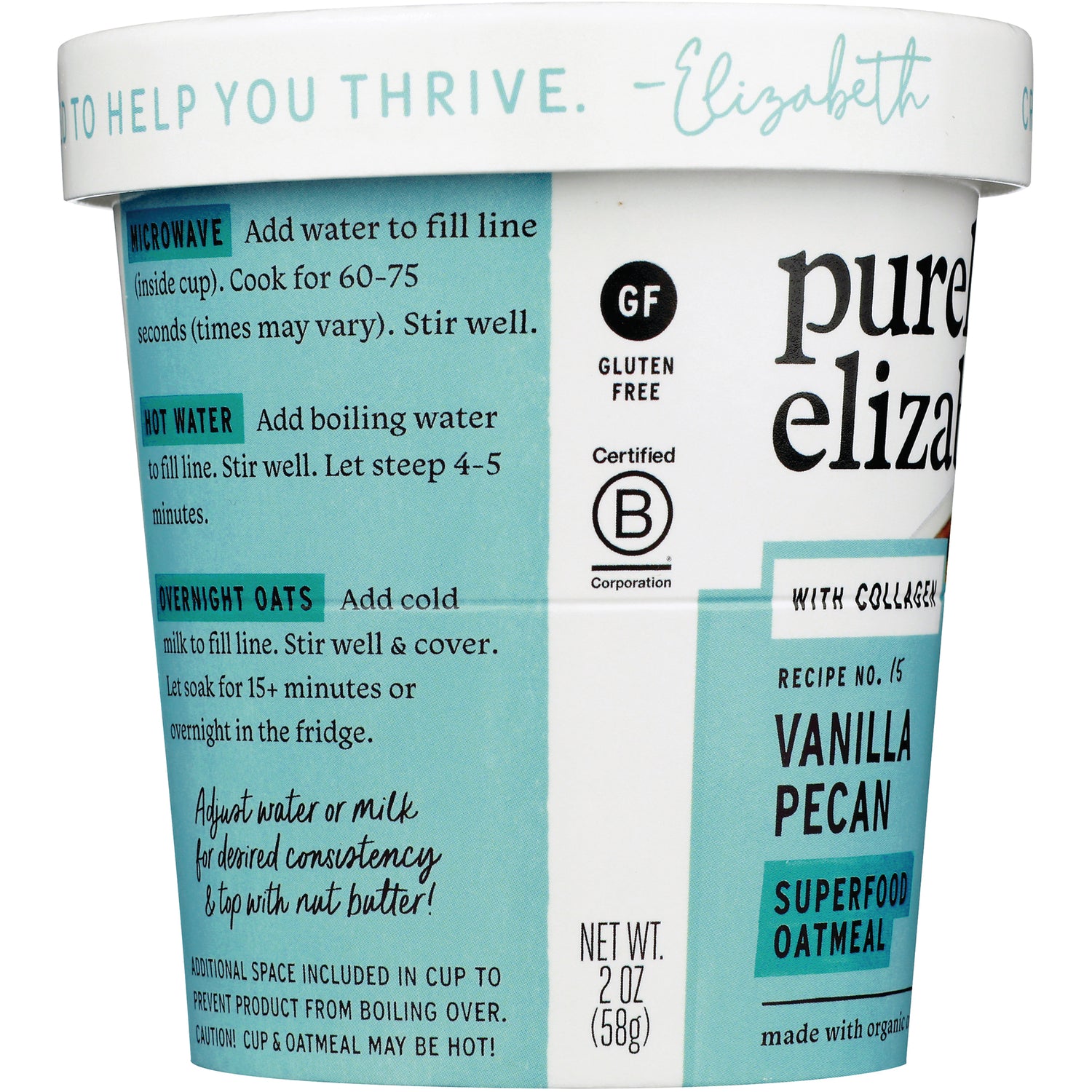 PLZ012 | side panel infographic of vanilla pecan superfood oatmeal cup showing preparation instructions, net weight and gluten-free badge