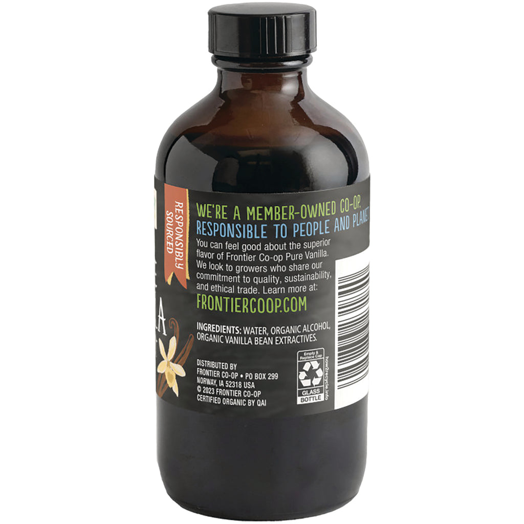 FNP048 | Back of amber glass bottle labeled Frontier Co-op pure vanilla with ingredients, barcode, and recycling symbol - Thumbnail
