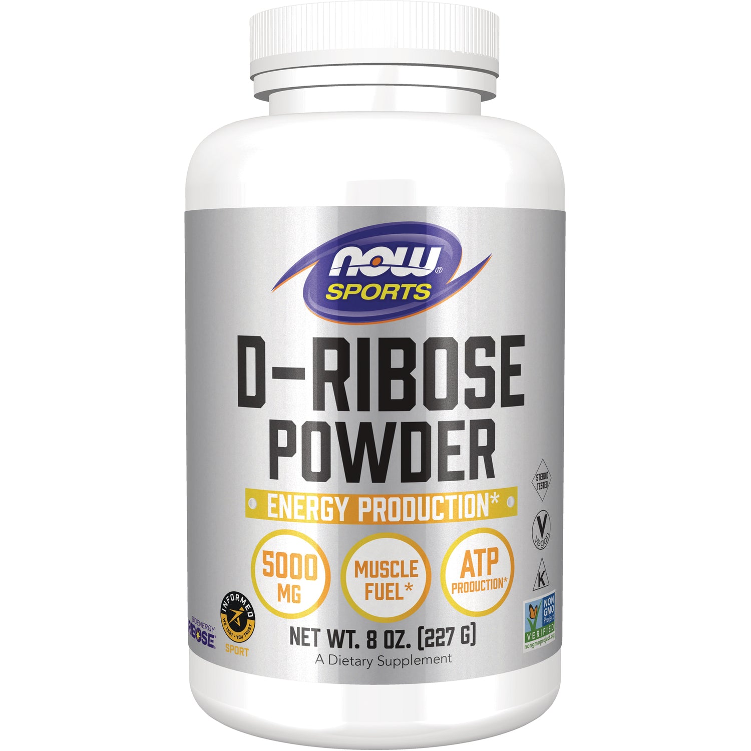 NWF220 | NOW Sports D-Ribose Powder bottle labeled 5000 MG energy production muscle fuel ATP production net wt 8 oz
