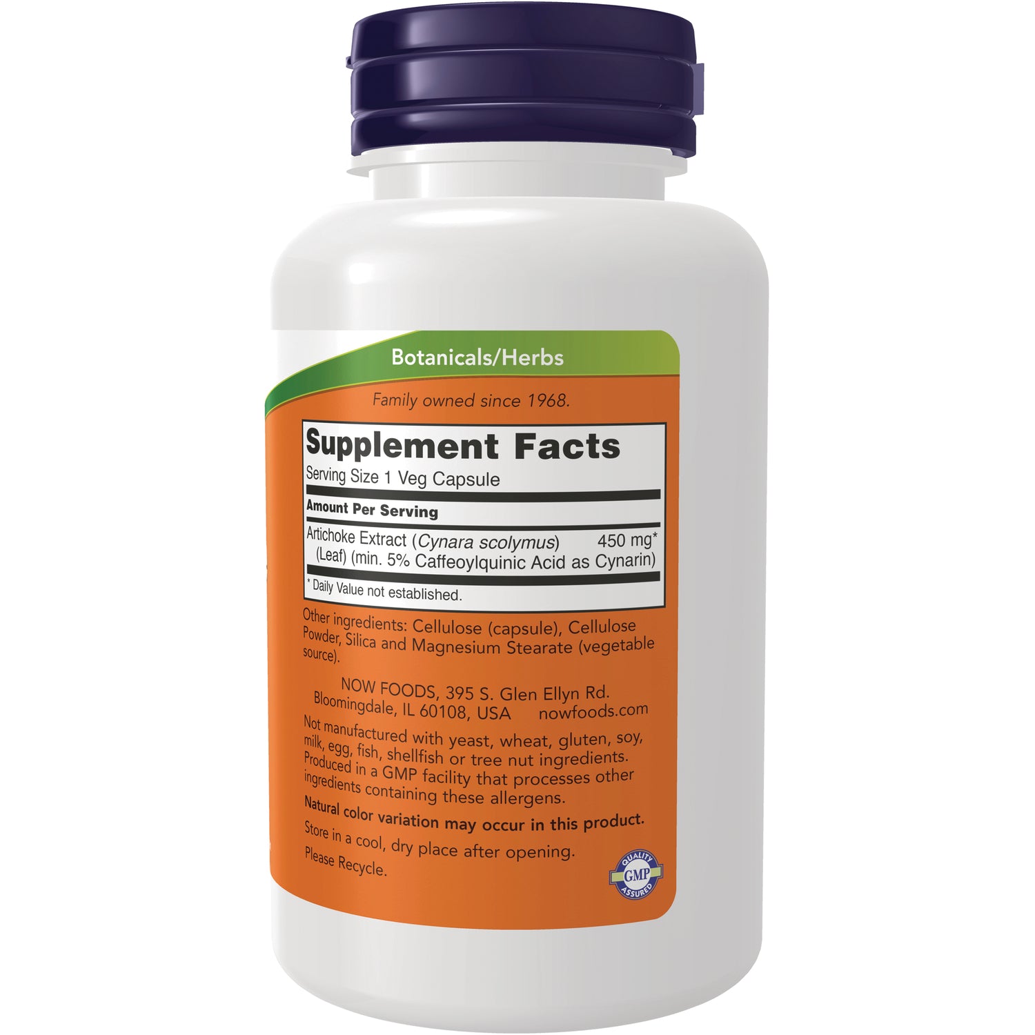 NWF1005 | back label showing Supplement Facts panel and ingredient list for NOW Foods artichoke extract bottle