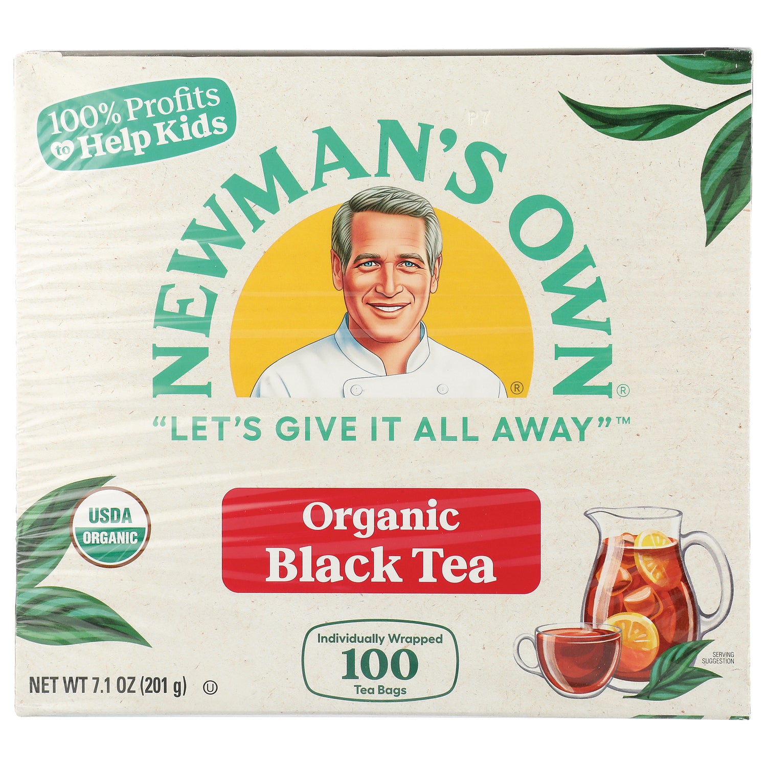 NWM024 | Newman's Own Organic Black Tea box front with chef portrait, lets give it all away slogan, and pitcher with cup