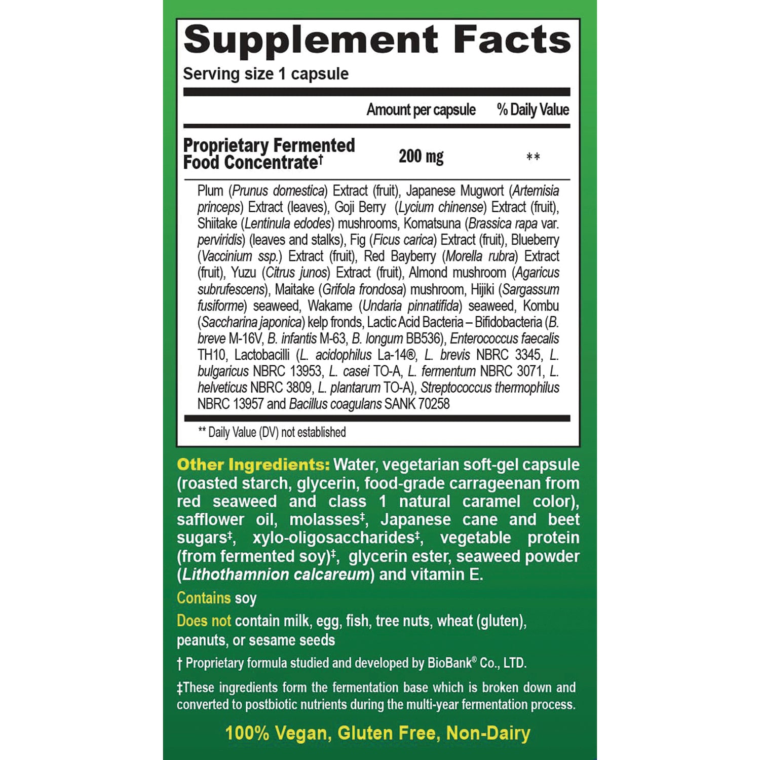 DRH001 | back label with Supplement Facts, serving size 1 capsule, ingredients and allergens listing contains soy, 100% Vegan Gluten Free