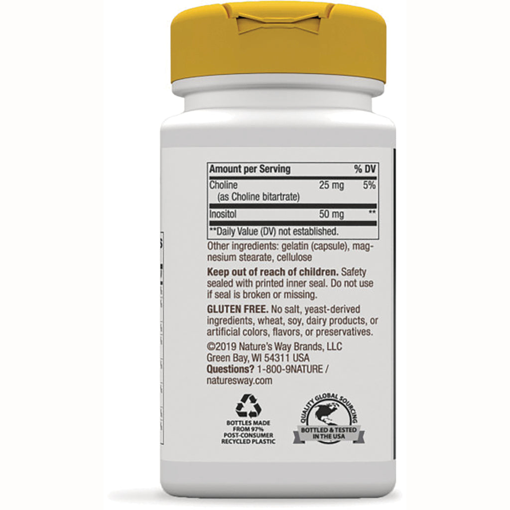 NW332 | back of white supplement bottle with yellow cap showing nutrition facts, ingredients, and recycling and quality seals - Thumbnail