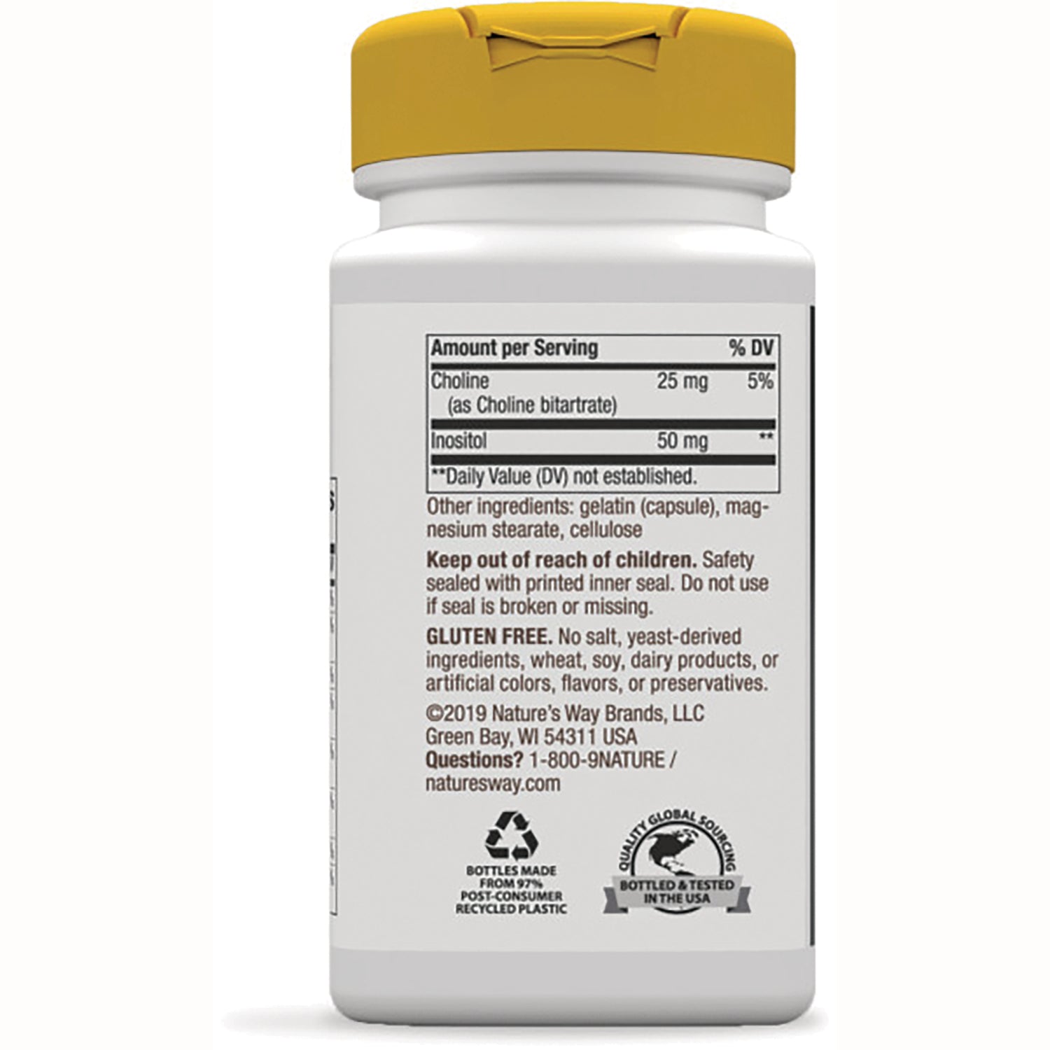 NW332 | back of white supplement bottle with yellow cap showing nutrition facts, ingredients, and recycling and quality seals