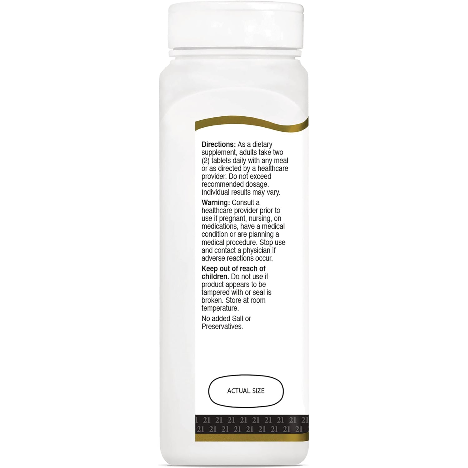 CNT100 | Back label of white supplement bottle showing directions, warnings, storage info and ACTUAL SIZE indicator