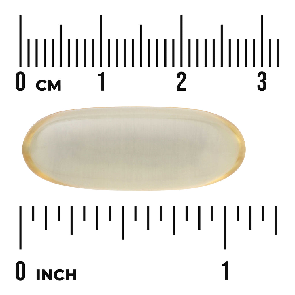 SWU096 | Pale oval softgel capsule on centimeter and inch rulers showing size scale with '0 CM' and '0 INCH' markings - Thumbnail