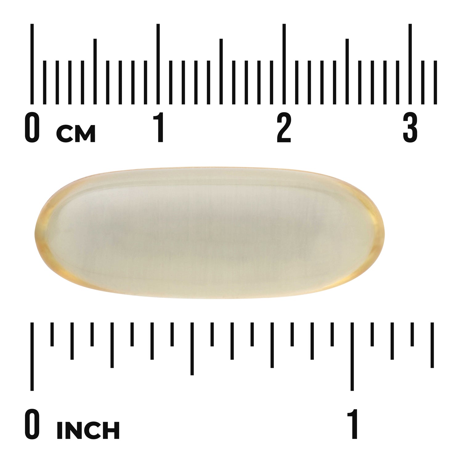 SWU096 | Pale oval softgel capsule on centimeter and inch rulers showing size scale with '0 CM' and '0 INCH' markings