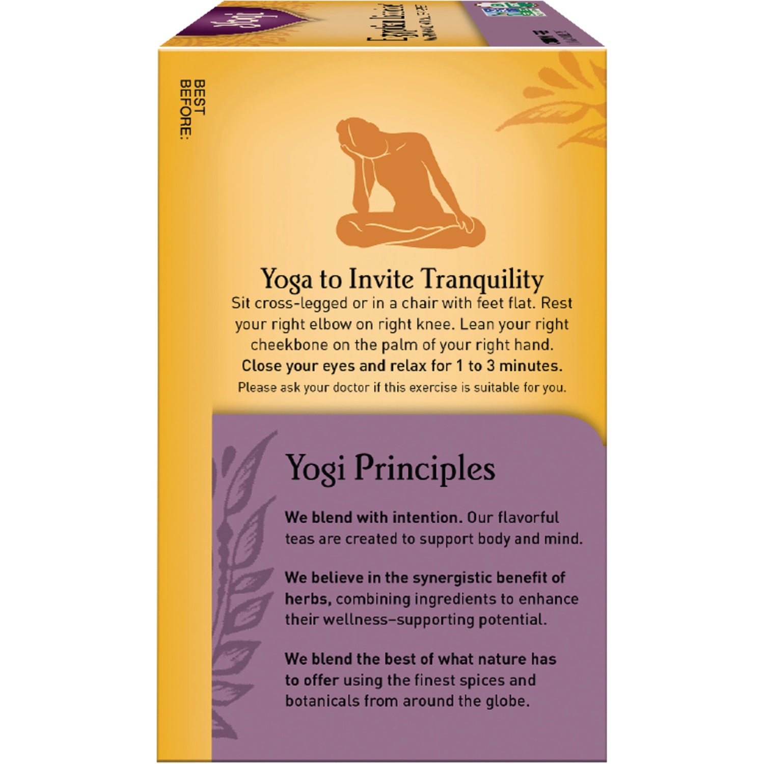 AHW014 | Yogi tea box panel with Yoga to Invite Tranquility instructions and Yogi Principles text