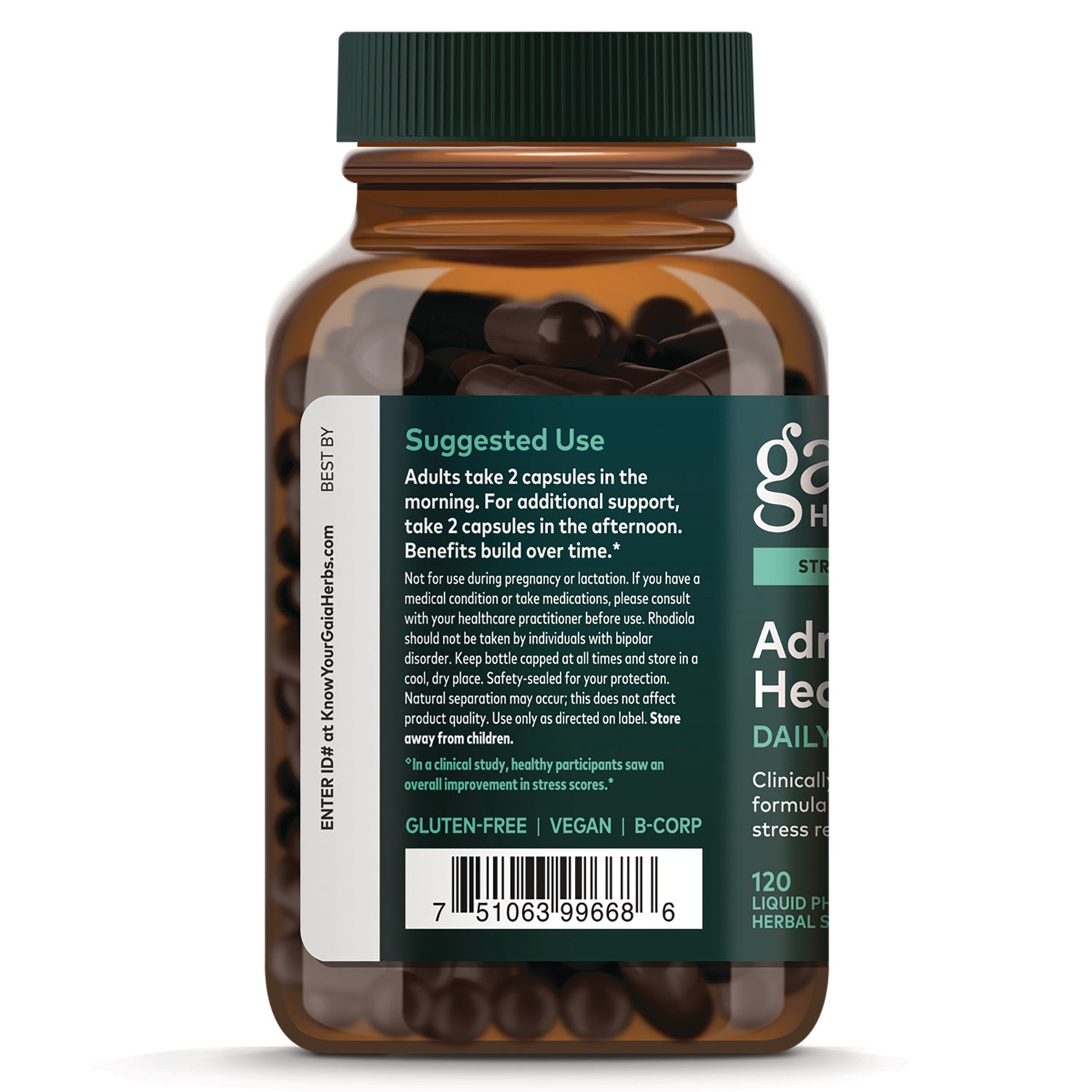 GH041 | Back label of amber supplement bottle showing suggested use instructions, barcode, and dark capsules