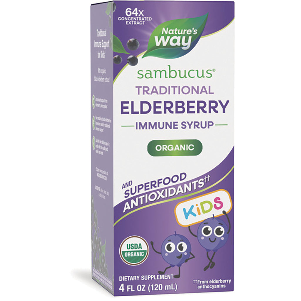NW807 | Front of Nature's Way Sambucus Traditional Elderberry immune syrup organic 4 fl oz box with Kids berry characters - Thumbnail