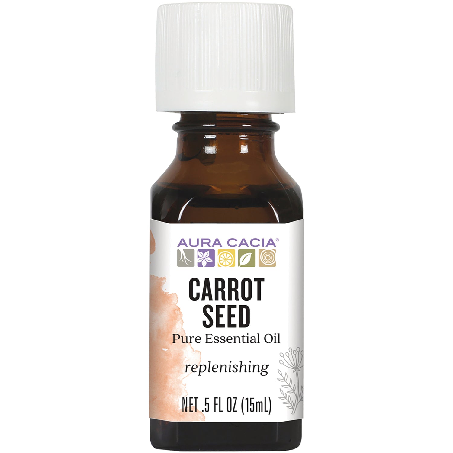 ARC204 | Aura Cacia Carrot Seed pure essential oil 0.5 fl oz amber bottle with white cap, label reads replenishing