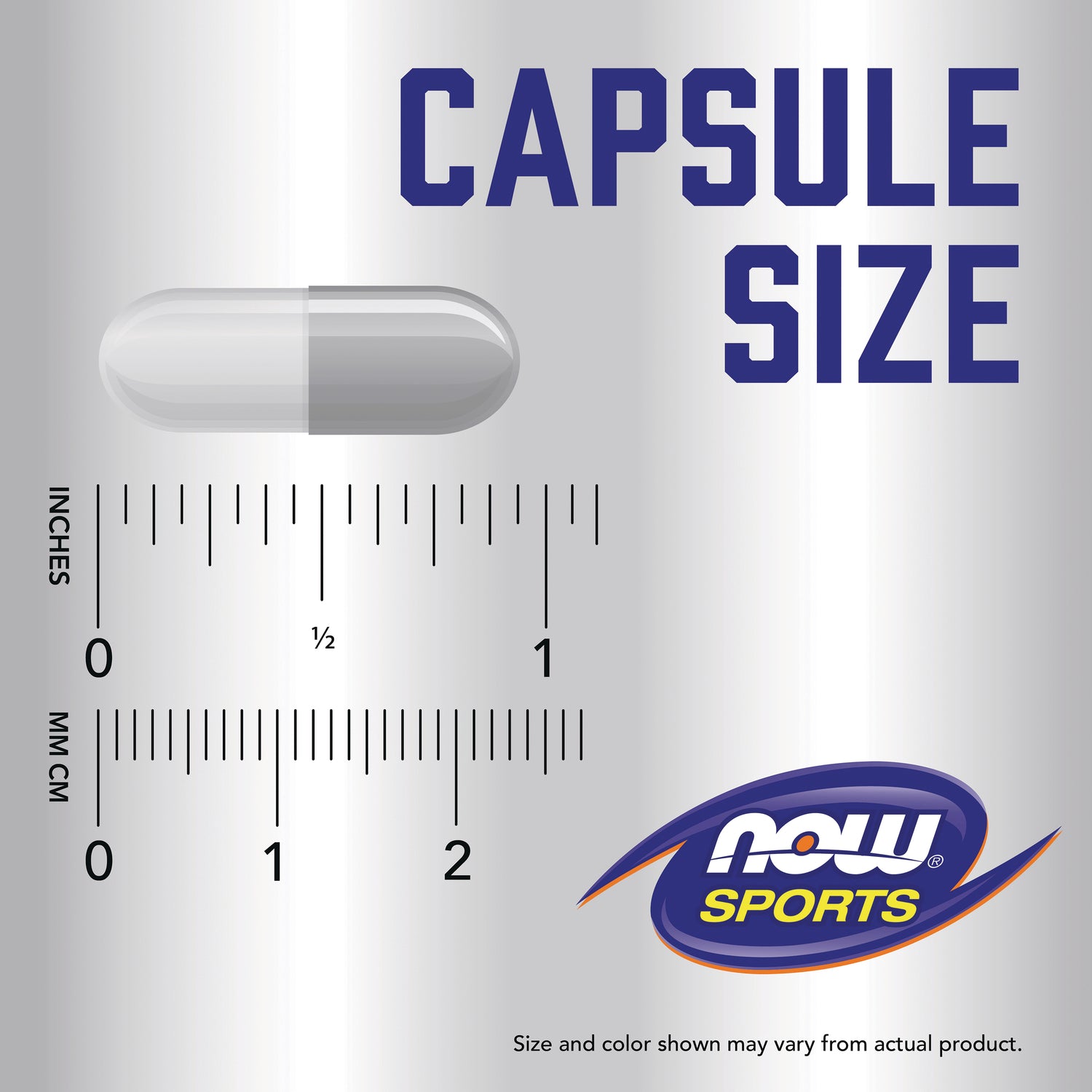 NWF729 | capsule size graphic showing gray capsule over inch and mm rulers, labeled CAPSULE SIZE with NOW Sports logo