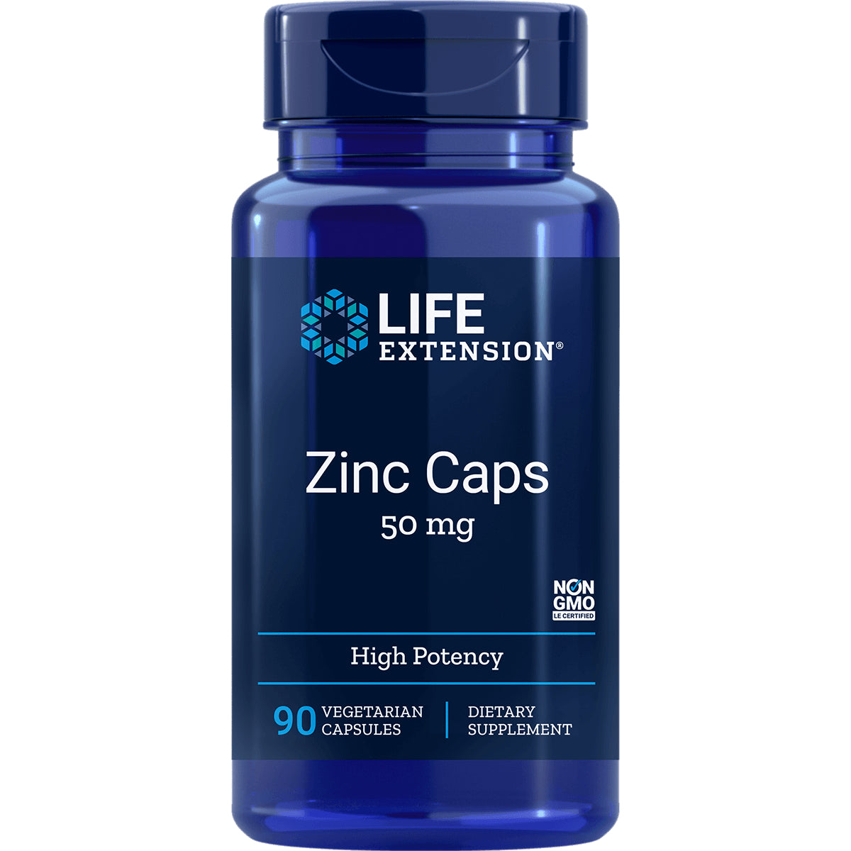 LE362 | LIFE EXTENSION Zinc Caps 50 mg blue supplement bottle, 90 vegetarian capsules