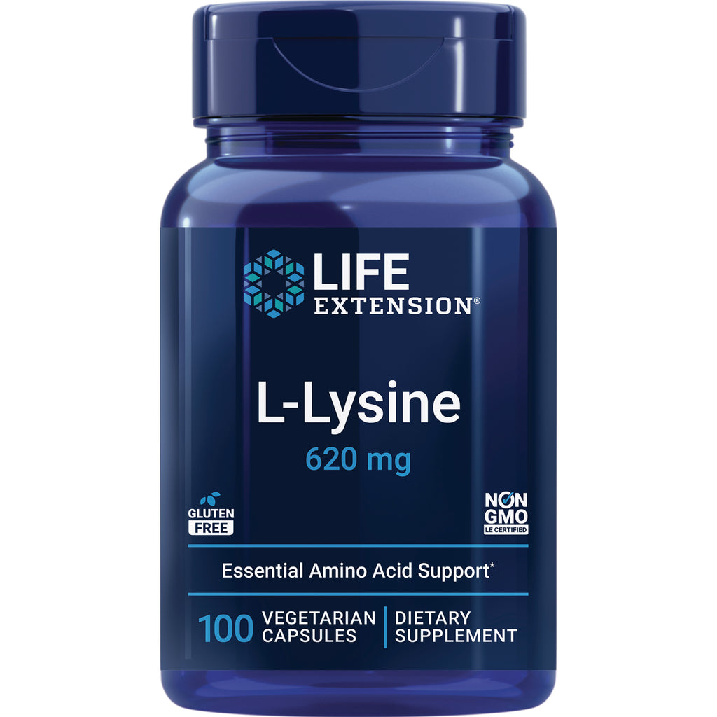 LE335 | Life Extension L-Lysine 620 mg front label on blue bottle, 100 vegetarian capsules, gluten free non-GMO - Thumbnail
