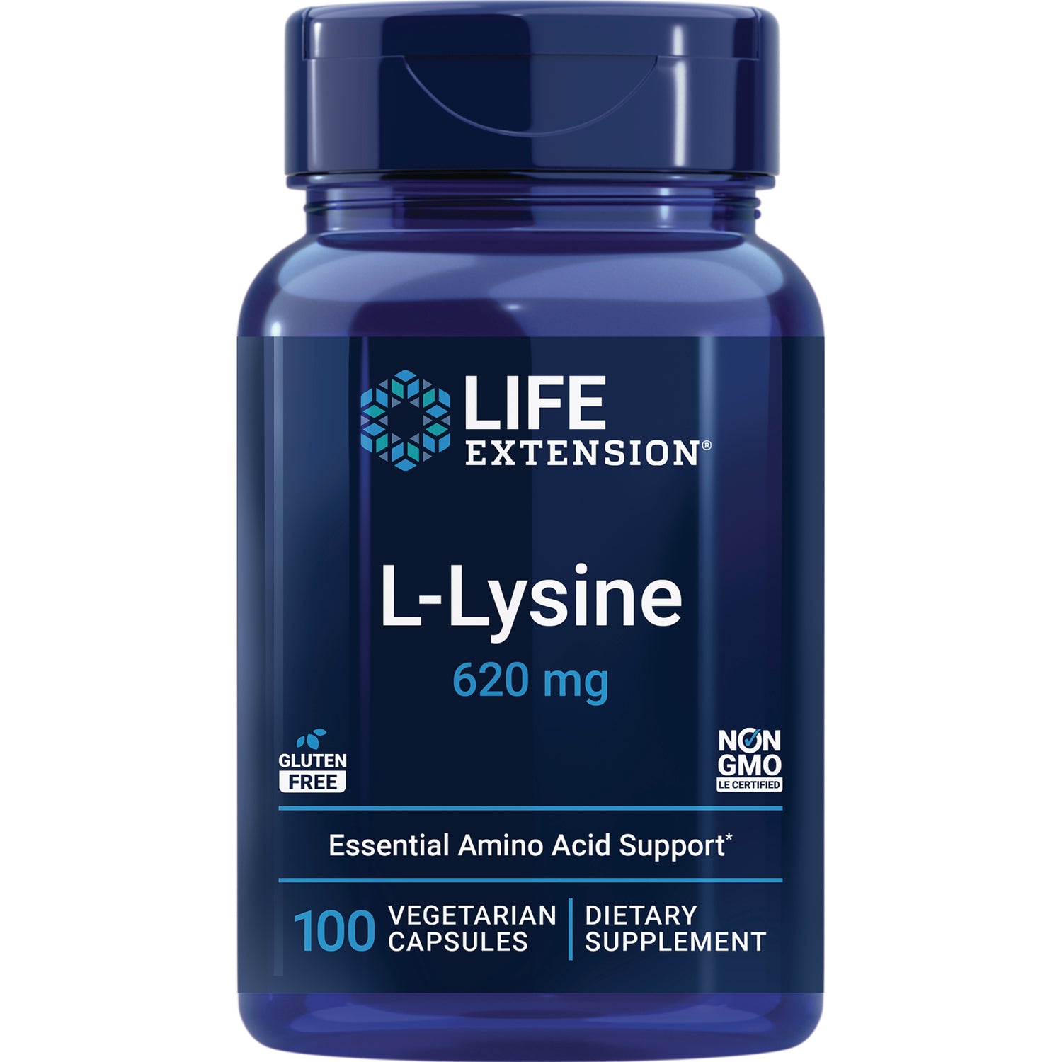 LE335 | Life Extension L-Lysine 620 mg front label on blue bottle, 100 vegetarian capsules, gluten free non-GMO