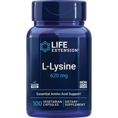 LE335 | Life Extension L-Lysine 620 mg front label on blue bottle, 100 vegetarian capsules, gluten free non-GMO
