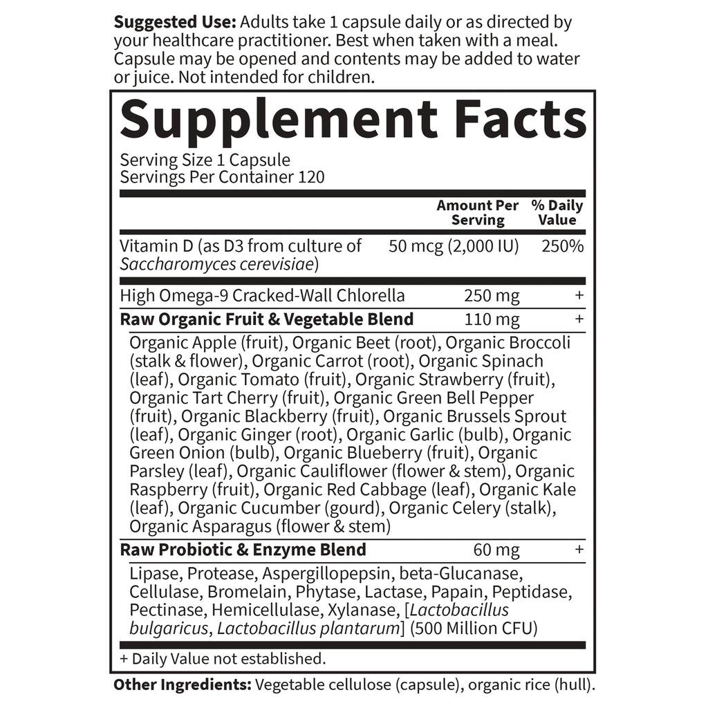 GLF148 | Supplement Facts label showing serving size 1 capsule, vitamin D 50 mcg (2,000 IU), raw organic fruit & vegetable and probiotic blends - Thumbnail