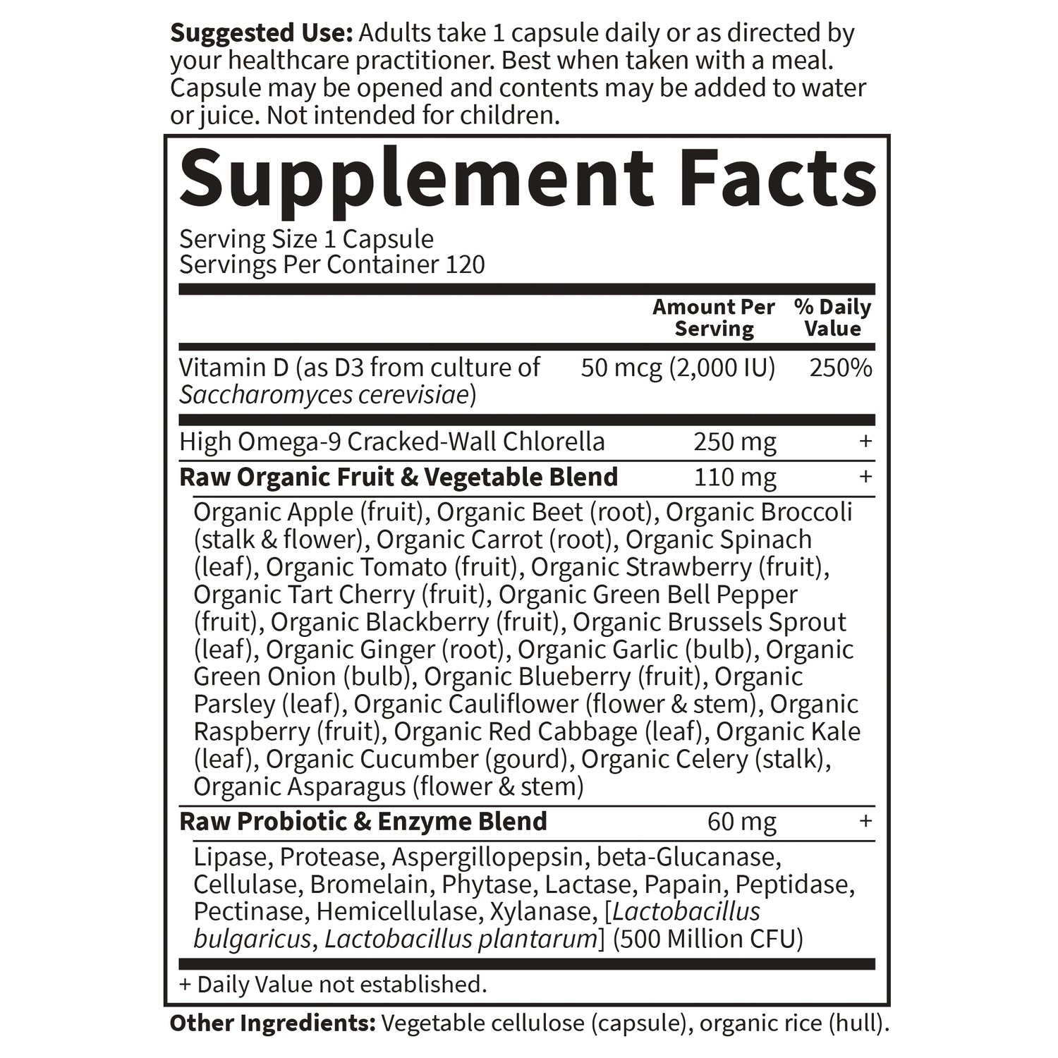 GLF148 | Supplement Facts label showing serving size 1 capsule, vitamin D 50 mcg (2,000 IU), raw organic fruit & vegetable and probiotic blends