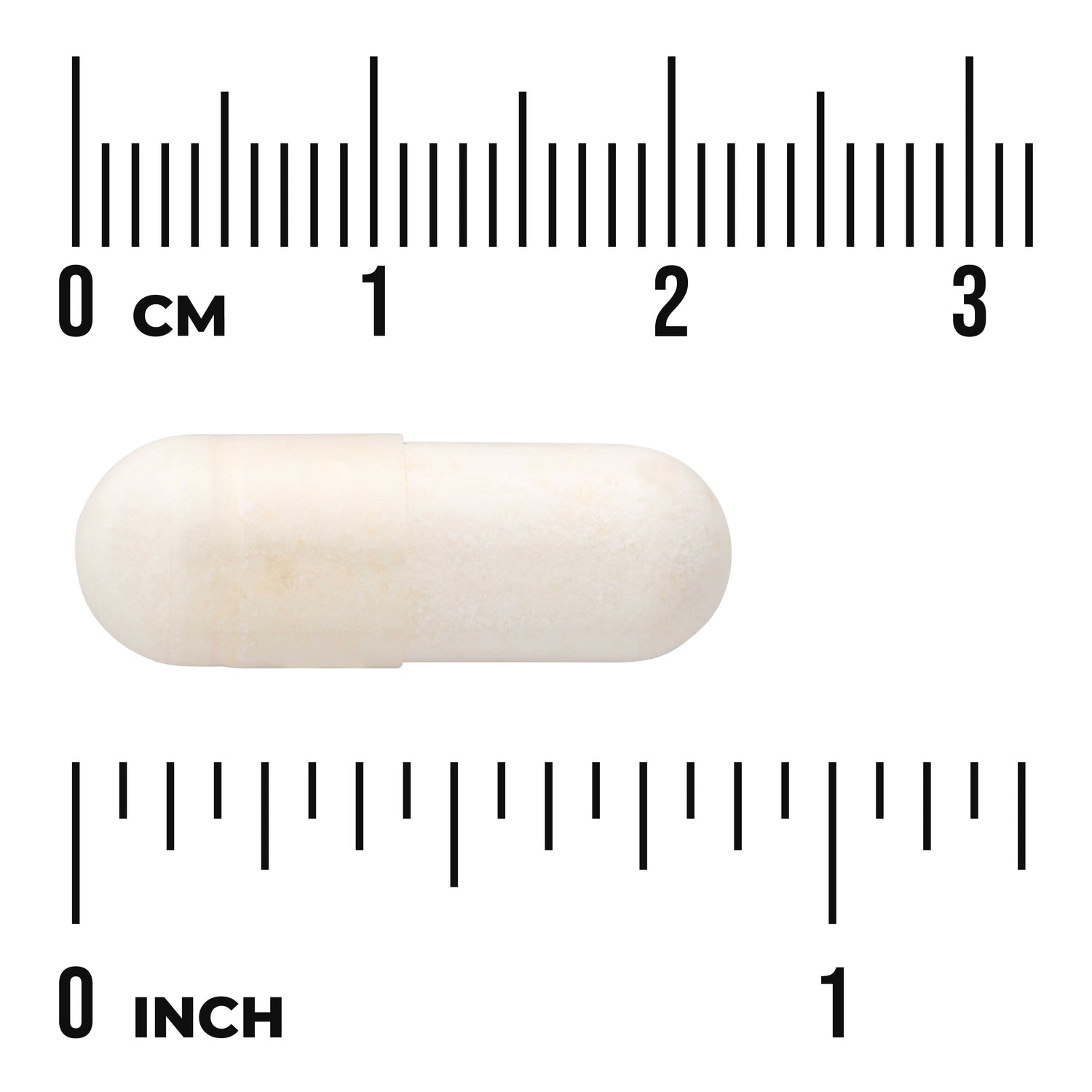 SWA025 | White capsule shown with centimeter and inch rulers for size