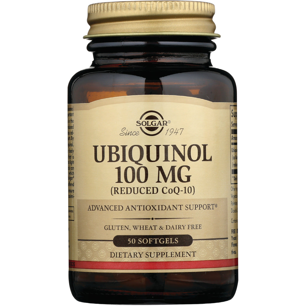 SLG303 | Solgar Ubiquinol 100 mg dietary supplement bottle, 50 softgels, amber glass with beige label - Thumbnail