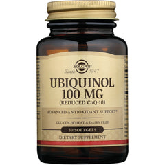SLG303 | Solgar Ubiquinol 100 mg dietary supplement bottle, 50 softgels, amber glass with beige label