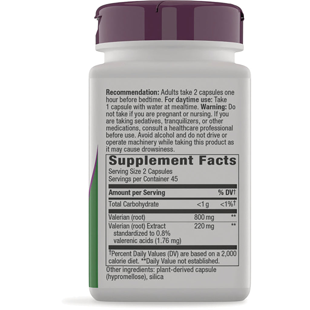 NW536 | Back of white supplement bottle showing Supplement Facts panel, serving size 2 capsules, Valerian 800 mg, directions and ingredients - Thumbnail